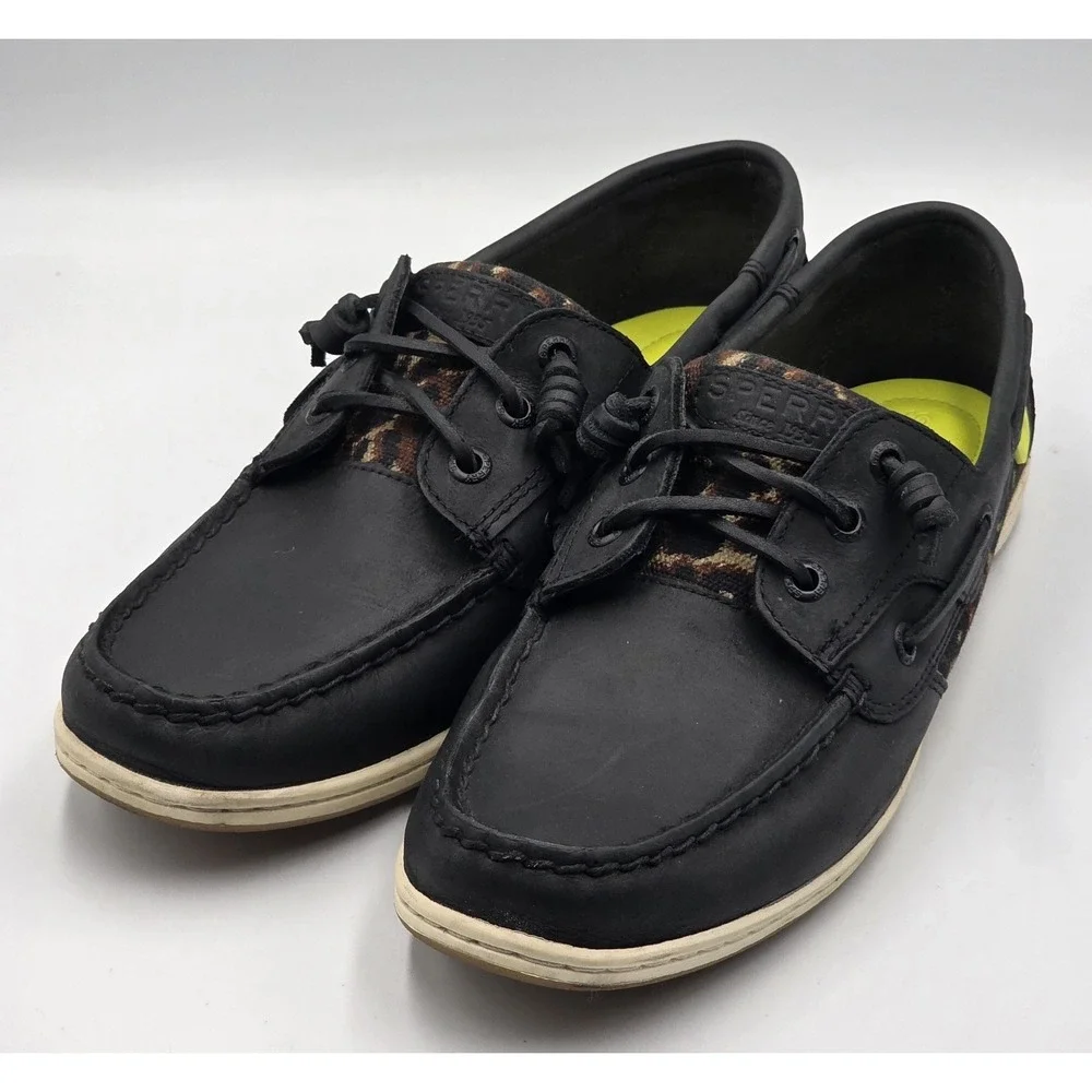 Sperry Songfish Boat Shoes Womens 9.5 Black Leopard Nubuck Leather Lace Up